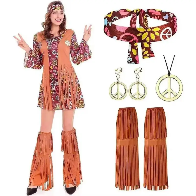 Women'S Accessories In The 70S - 女性 60 年代 70 年代ヴィンテージヒッピーディスコ衣装一式セット、お揃いのアクセサリー付きハロウィンカーニバルコスプレドレス