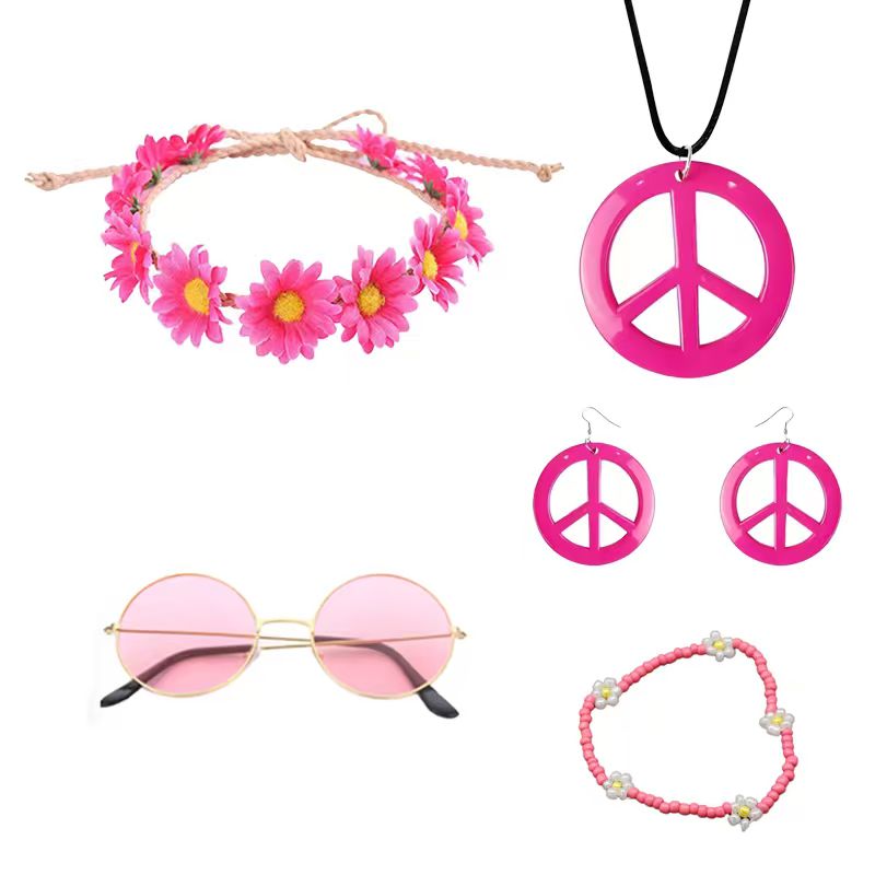 Women'S Accessories In The 70S - PESENAR ヒッピーコスチュームアクセサリーセット、ボヘミアンピースサインデイジーフラワー60年代70年代パーティー記念品装飾、グルービーパーティー女性用