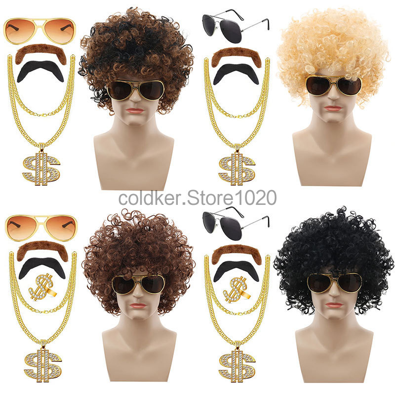 Women'S Accessories In The 70S - 大人用 70 年代ディスコヒッピーコスチューム男性用ヘビーメタルカーリーアフロウィッグパンクサングラスネックレスセットハロウィンディスコ歌手アクセサリー