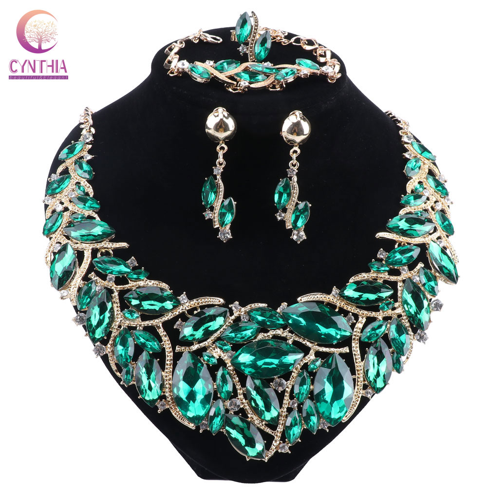 Women Accessories India - シンシア高級グリーンカラークリスタルネックレスイヤリングジュエリーセットパーティー結婚式のアクセサリーインドのブライダルコスチュームジュエリー