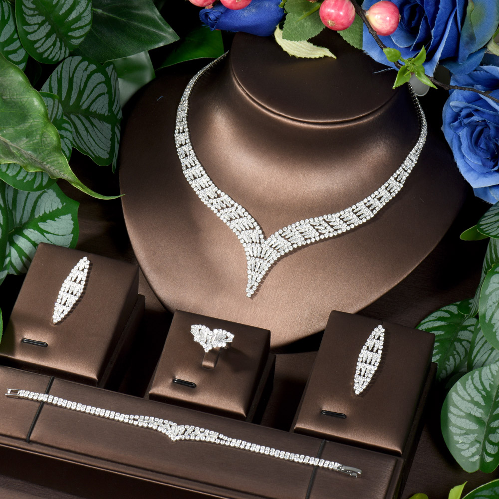 Women Accessories Uae - HIBRIDE ブライダル衣類アクセサリー 4 個キュービックジルコニアネックレスイヤリング UAE ドバイ女性のウェディングジュエリーセットデラックス