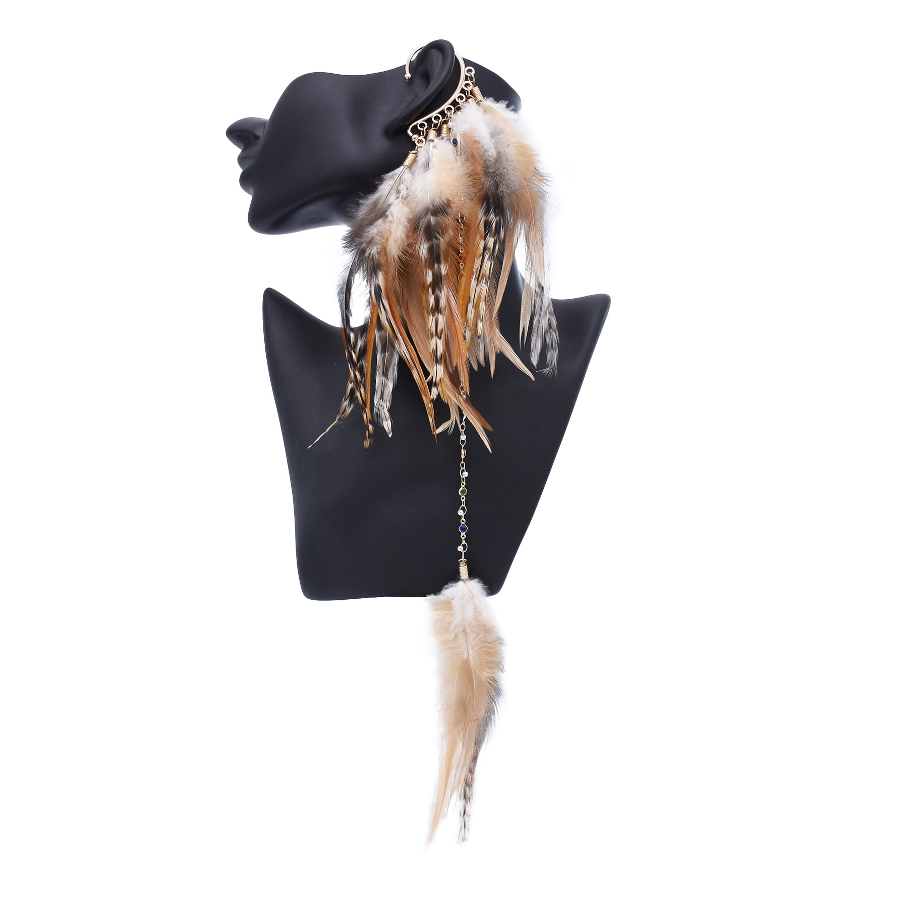 Women Accessories India - ボヘミアンエスニックスタイルフェザードロップイヤリング、ノンホールピアス、ロングアロイ、女性用フェザーイヤカフジュエリー、インド部族アクセサリー