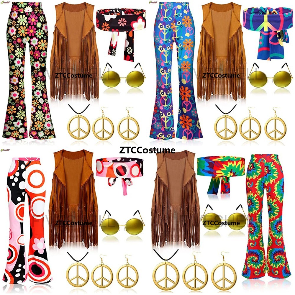 Women'S Accessories In The 70S - ヒッピーコスチューム女性 60 年代 70 年代ピースラブパーティーコスチュームタッセル付きステージパフォーマンスボヘミアンダンスウェアアクセサリー