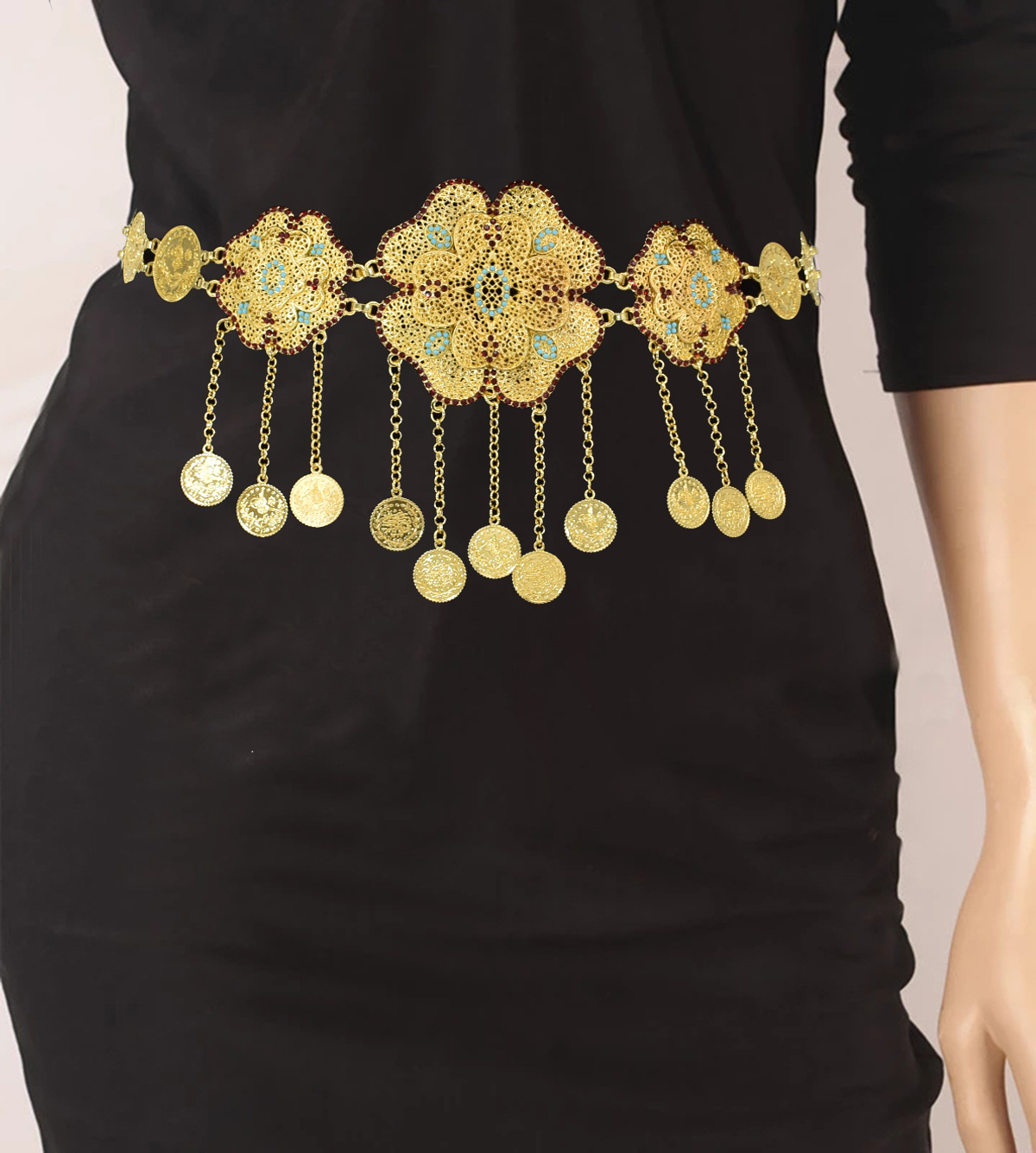 Women Accessories India - 女性用透かし彫りフローラルコインチェーン,ペンダントベルト,ラインストーン,インドのジプシーダンスドレスアクセサリー,ジュエリーギフト