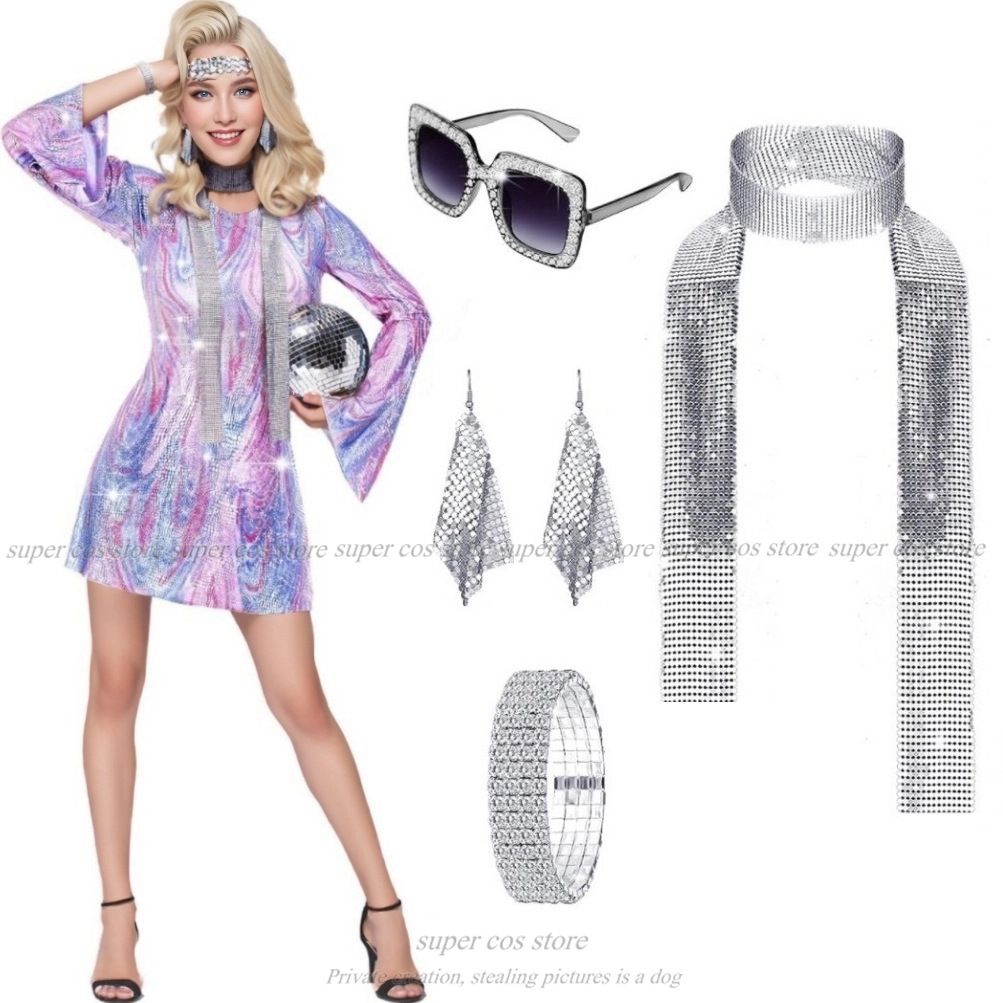 Women'S Accessories In The 70S - 70年代ディスコ女性コスチューム衣装とアクセサリー光沢のあるヘッドとサングラスイヤリングネックレスブレスレットステージパフォーマンスパーティー用