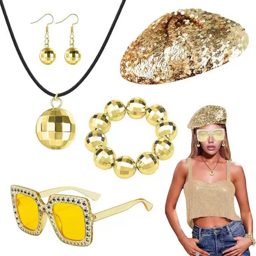 Women'S Accessories In The 70S - 70年代ディスコアクセサリー 女性用コスチュームアクセサリーセット コイルブレスレット イヤリング スパンコールヘッドバンド ダイヤモンドブレスレット