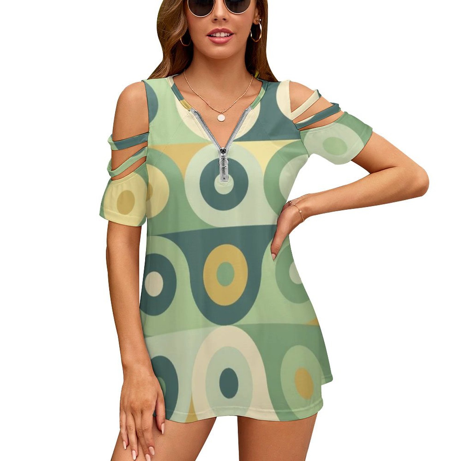 女性のための70年代のプリントTシャツ,ジッパー付きトップス - Women'S Accessories In The 70S のレビューと価格