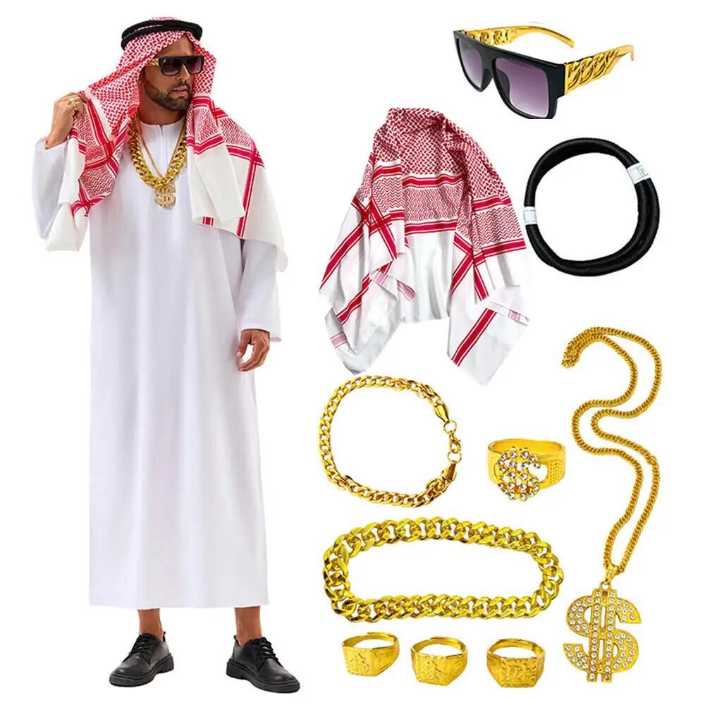 新しいアラビアドバイ衣装UAEシェイクコスプレローブターバン - Women Accessories Uae のレビューと価格