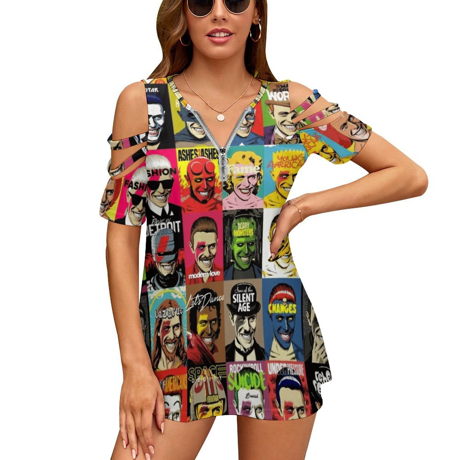 女性用フローラルプリントTシャツ,VネックジッパーTシャツ, - Women'S Accessories In The 70S のレビューと価格